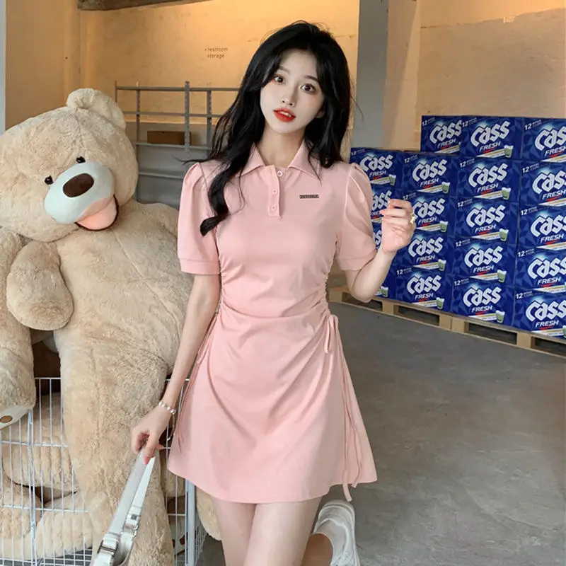 Women Pink Polo Collar Dress Short Sleeve Slim Fit - Image 3