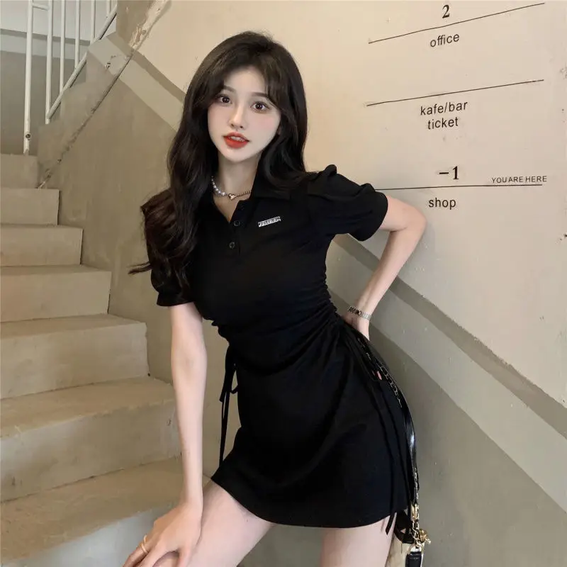 Women Pink Polo Collar Dress Short Sleeve Slim Fit - Image 4