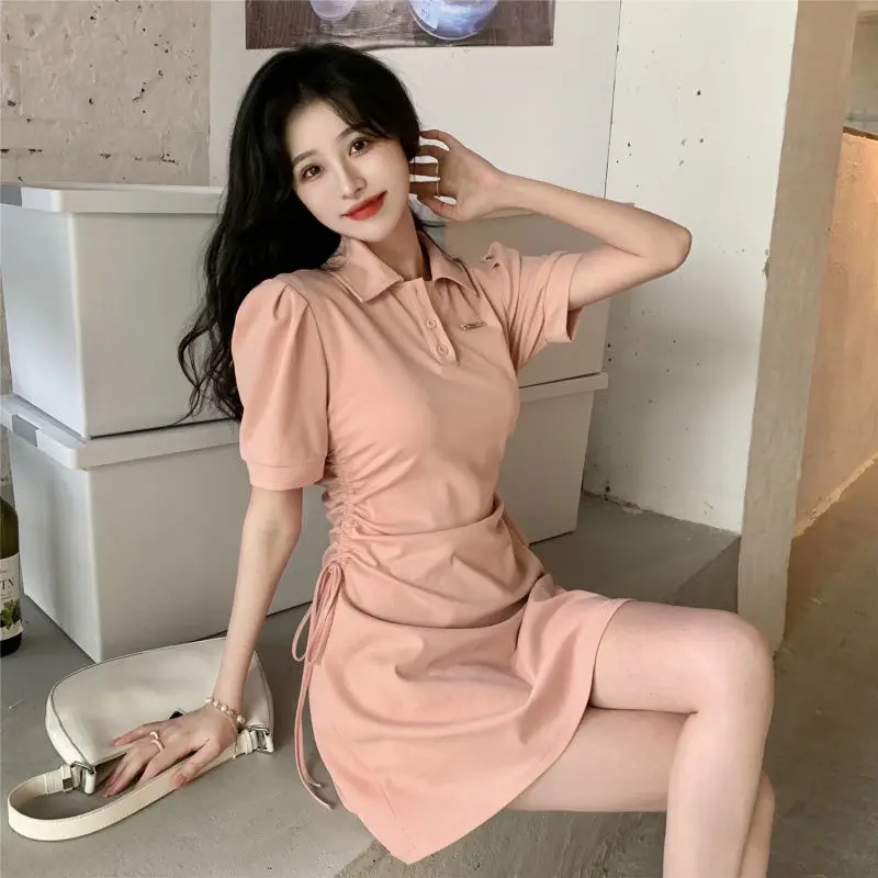 Women Pink Polo Collar Dress Short Sleeve Slim Fit - Image 6