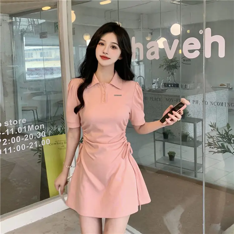 Women Pink Polo Collar Dress Short Sleeve Slim Fit — feature 1