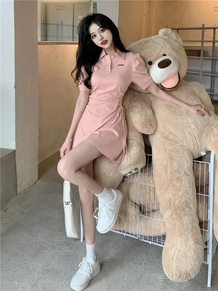 Women Pink Polo Collar Dress Short Sleeve Slim Fit — feature 10