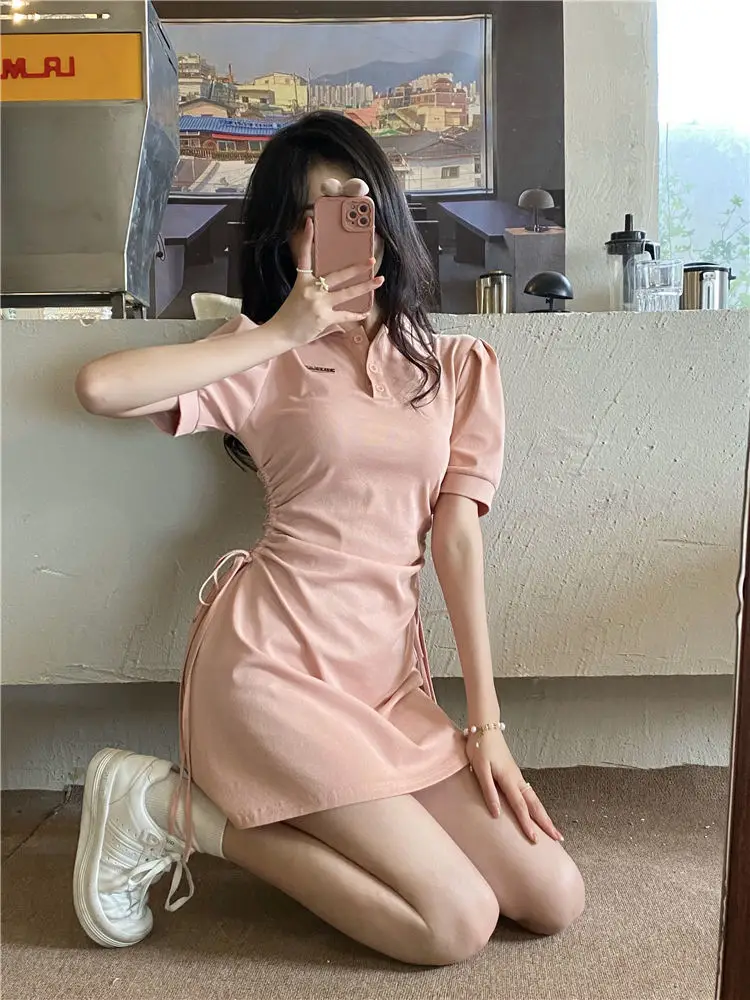 Women Pink Polo Collar Dress Short Sleeve Slim Fit — feature 12