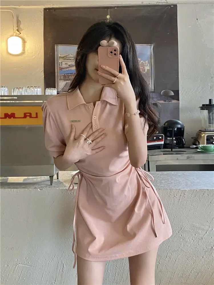 Women Pink Polo Collar Dress Short Sleeve Slim Fit — feature 13