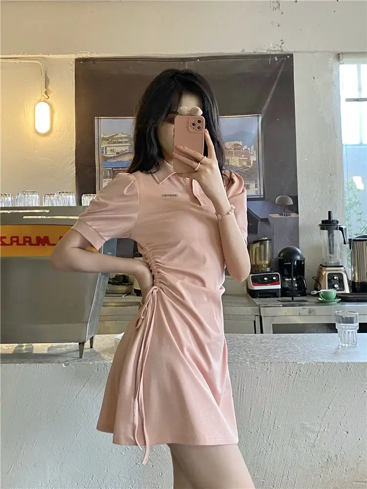 Women Pink Polo Collar Dress Short Sleeve Slim Fit — feature 14
