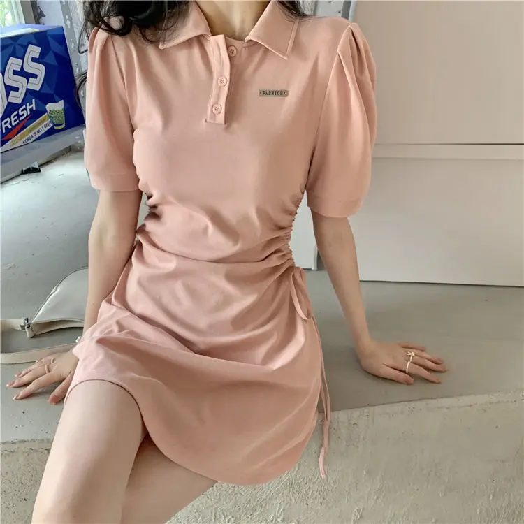 Women Pink Polo Collar Dress Short Sleeve Slim Fit — feature 15