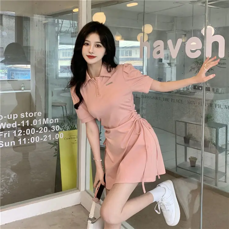 Women Pink Polo Collar Dress Short Sleeve Slim Fit — feature 2