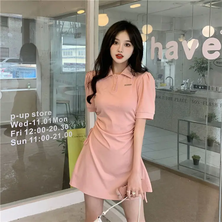 Women Pink Polo Collar Dress Short Sleeve Slim Fit — feature 3