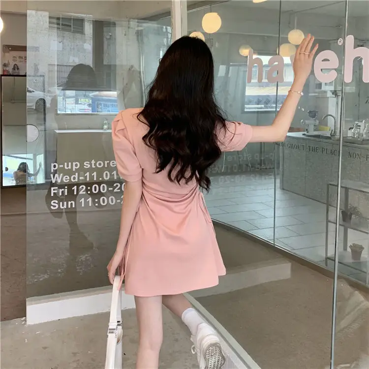Women Pink Polo Collar Dress Short Sleeve Slim Fit — feature 4