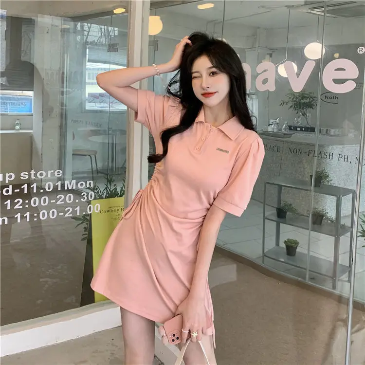 Women Pink Polo Collar Dress Short Sleeve Slim Fit — feature 5