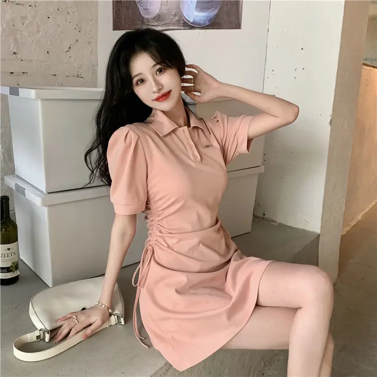 Women Pink Polo Collar Dress Short Sleeve Slim Fit — feature 6