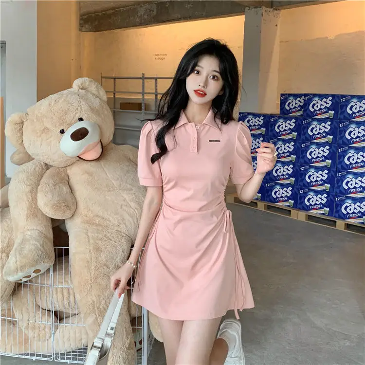 Women Pink Polo Collar Dress Short Sleeve Slim Fit — feature 8