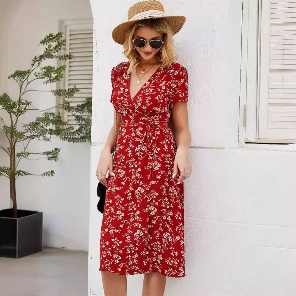 Women Floral Print Long Dress European American Style