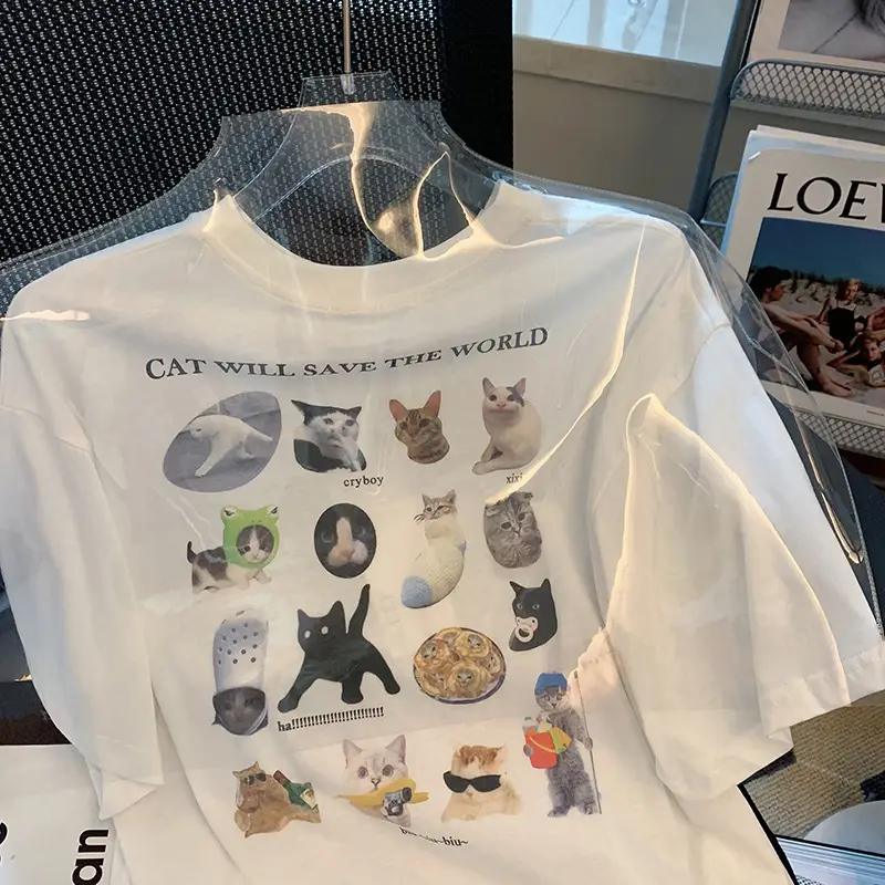 Women White Cat Print T-Shirt Short Sleeve Casual Summer - Image 3
