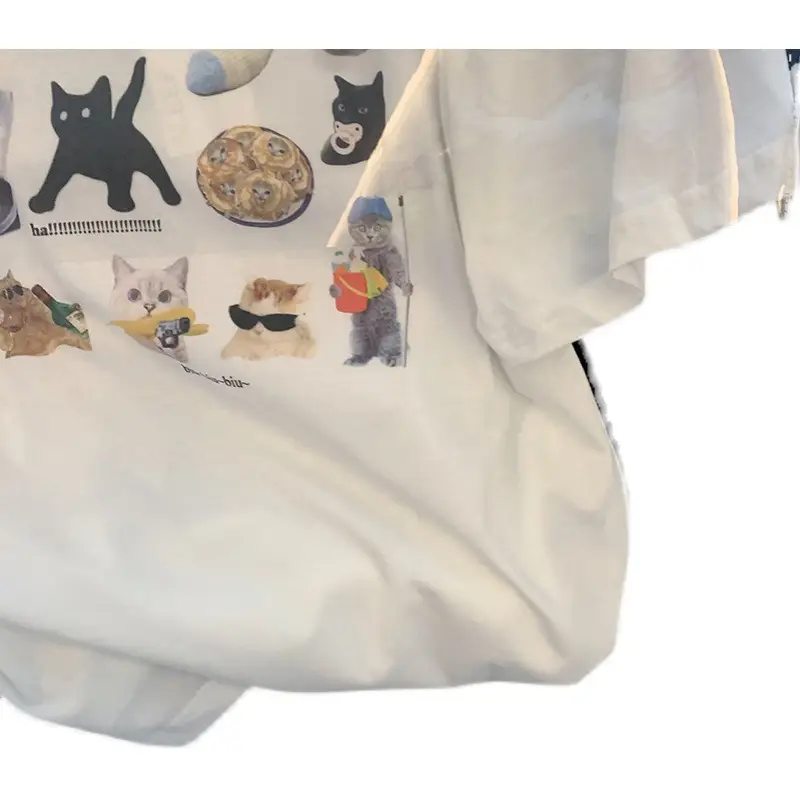 Women White Cat Print T-Shirt Short Sleeve Casual Summer - Image 5