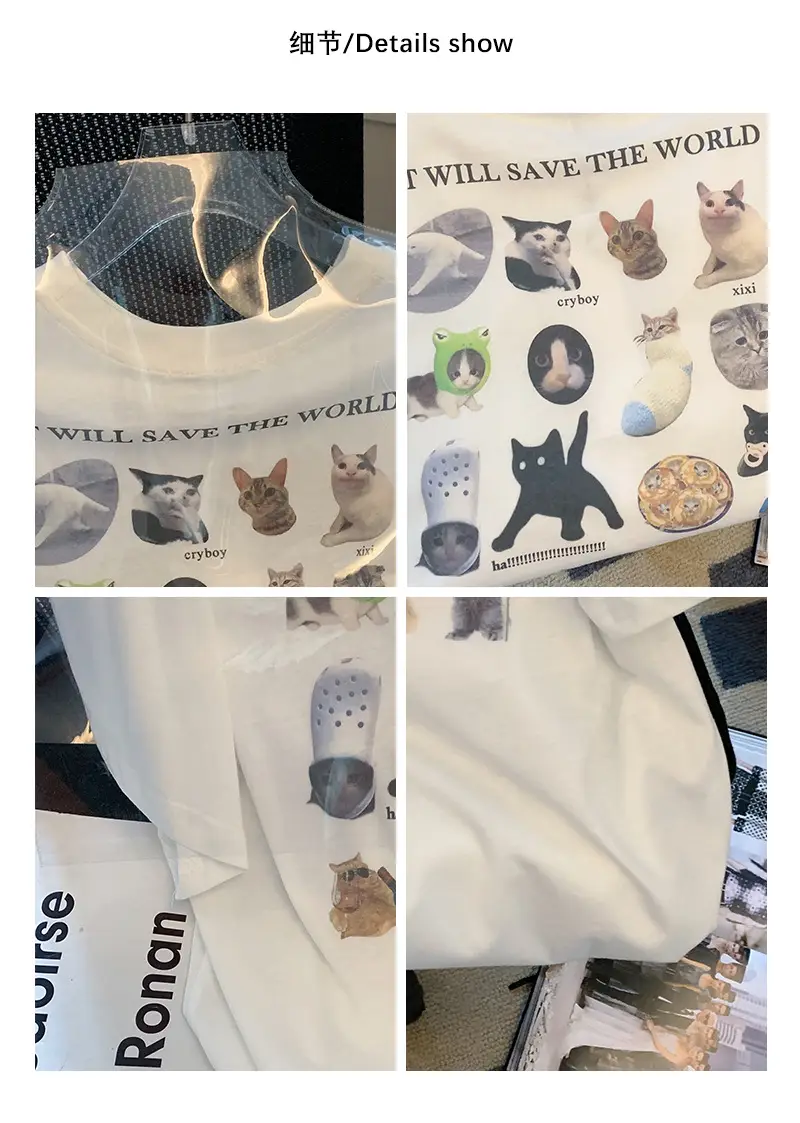 Women White Cat Print T-Shirt Short Sleeve Casual Summer — feature 2