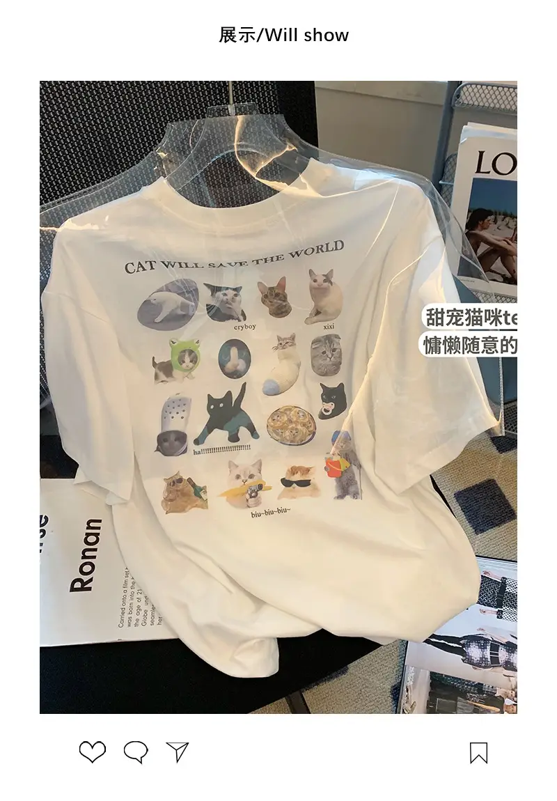 Women White Cat Print T-Shirt Short Sleeve Casual Summer — feature 3