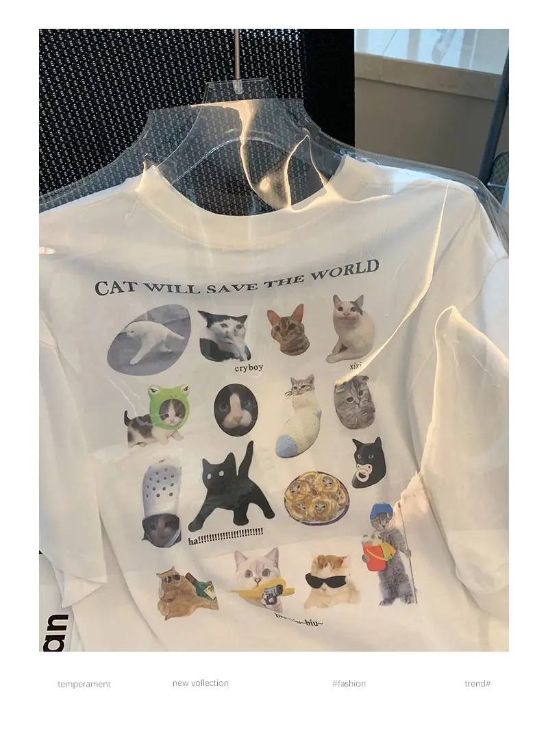 Women White Cat Print T-Shirt Short Sleeve Casual Summer — feature 5