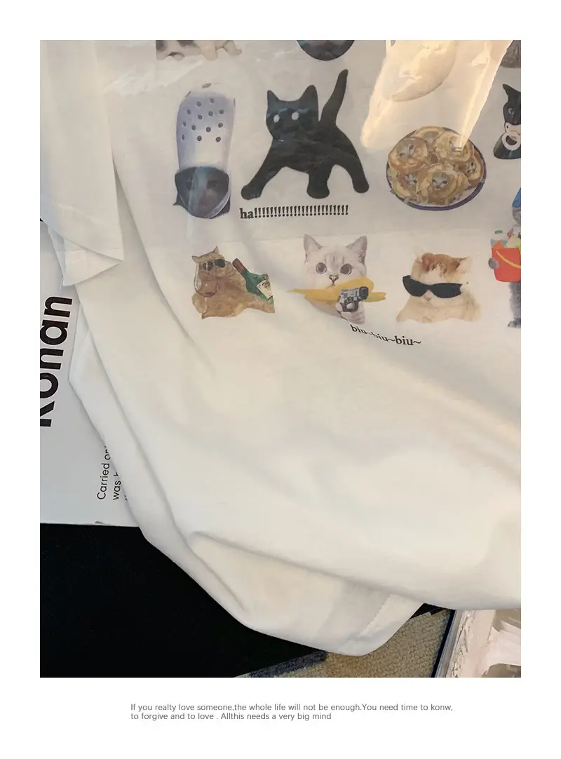 Women White Cat Print T-Shirt Short Sleeve Casual Summer — feature 6