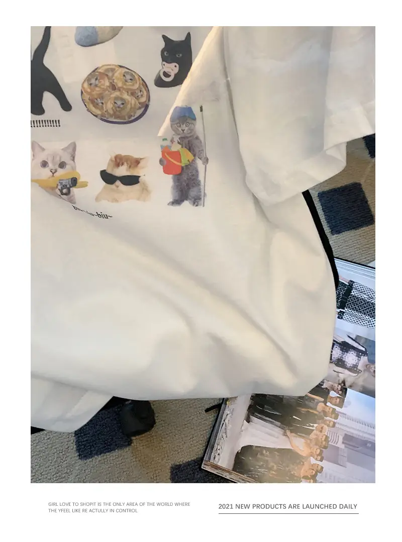 Women White Cat Print T-Shirt Short Sleeve Casual Summer — feature 7