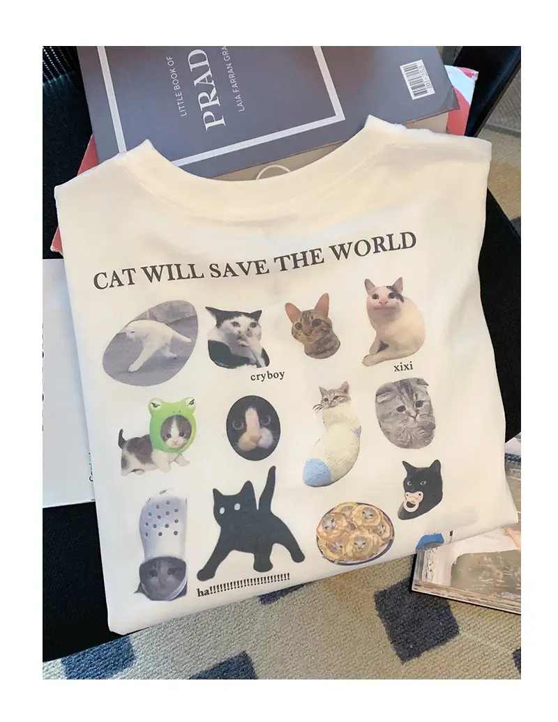 Women White Cat Print T-Shirt Short Sleeve Casual Summer — feature 8