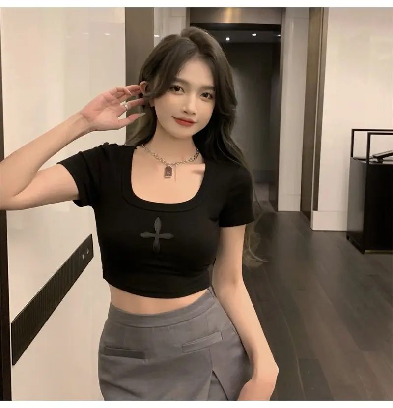 Black U-Neck Exposed Collar Top for Women — feature 20