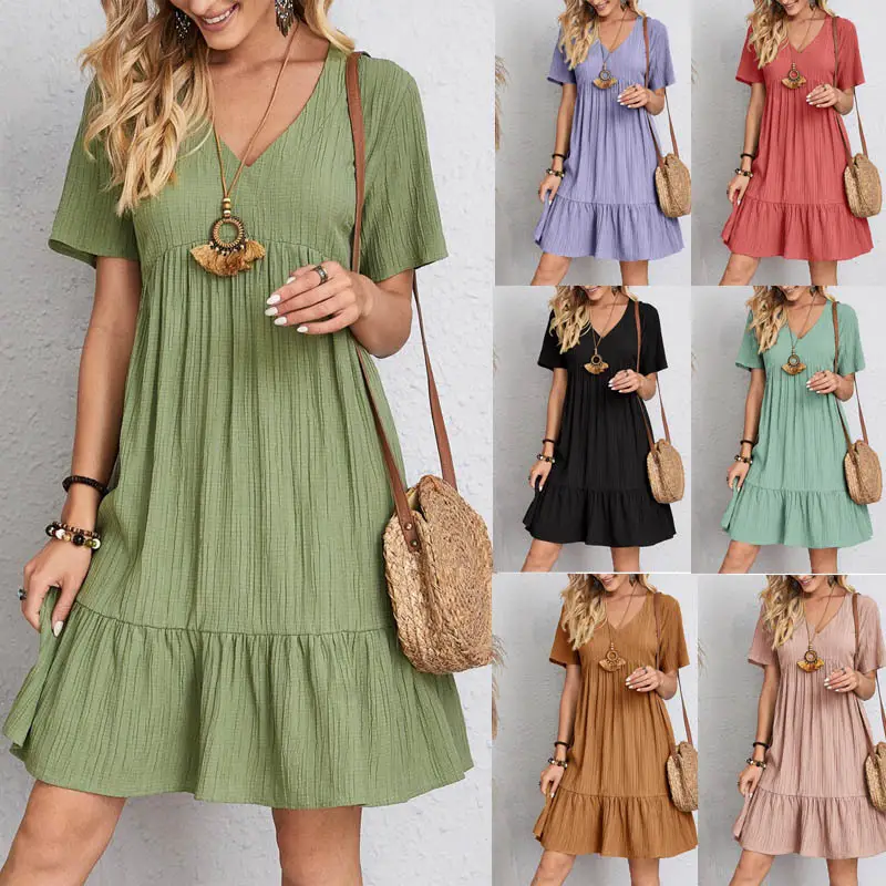 2022 Women's Green V-Neck Ruffled Dress - Image 8