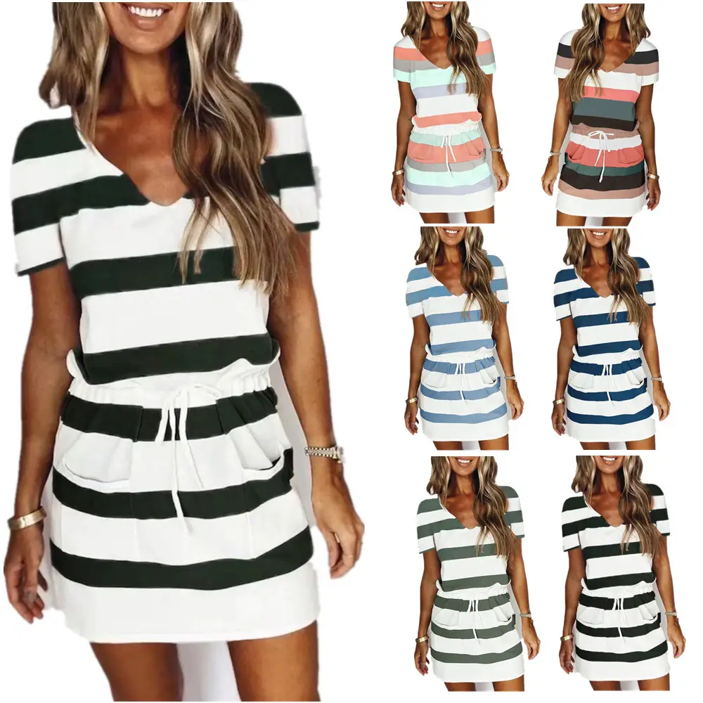 Women's Green White Striped Drawstring Skirt Dress - Image 8