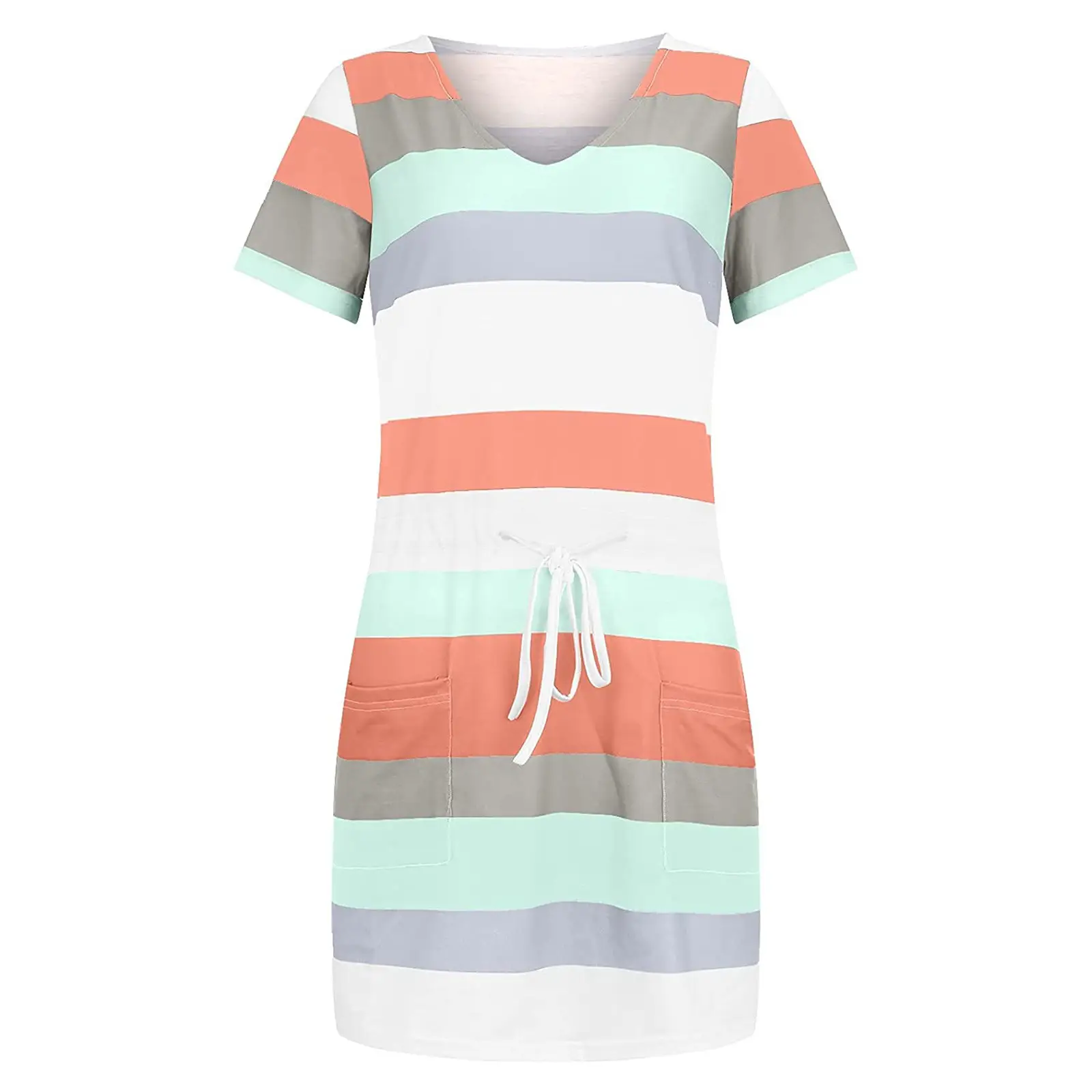Women's Green White Striped Drawstring Skirt Dress - Image 12