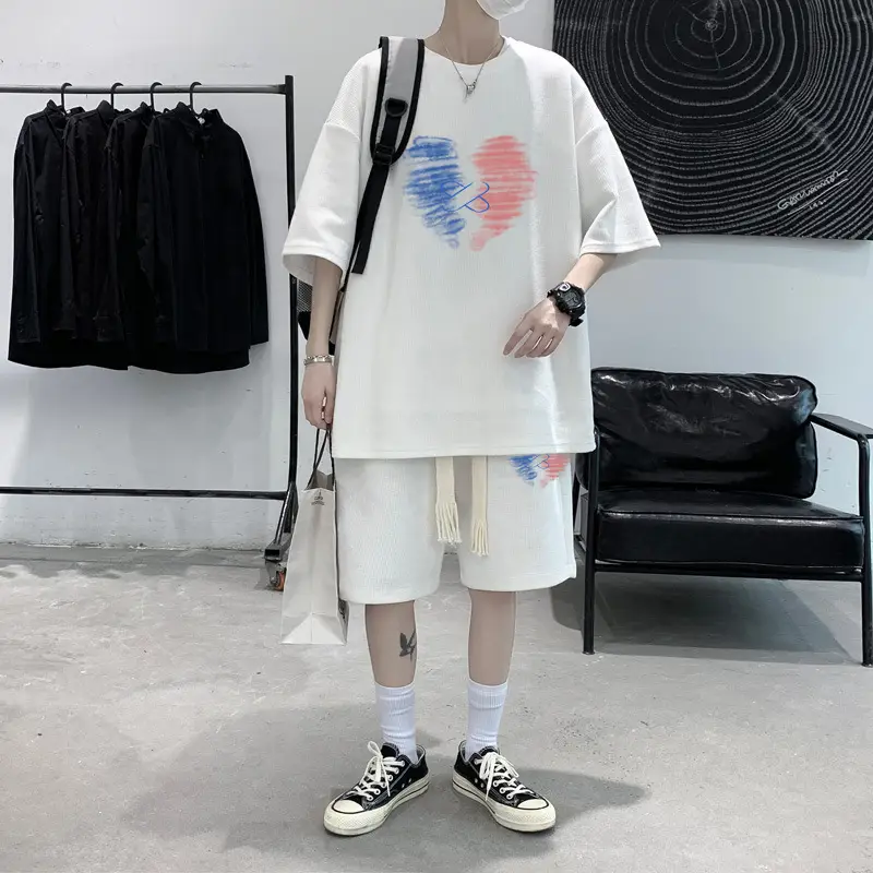 Men Oversize Black Heart Print Shorts Set