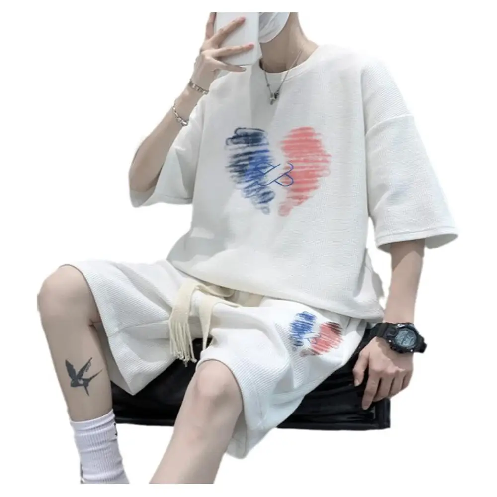 Men Oversize Black Heart Print Shorts Set