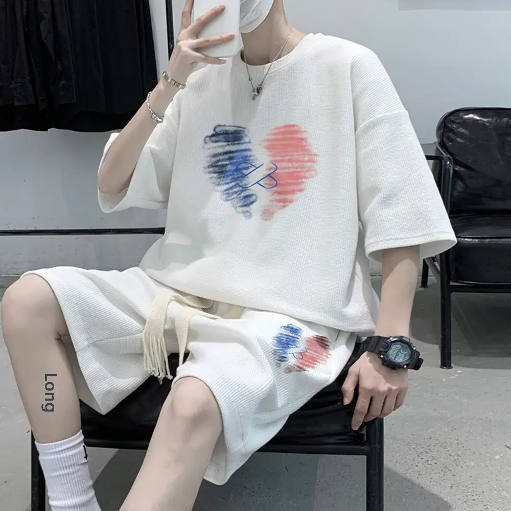 Men Oversize Black Heart Print Shorts Set