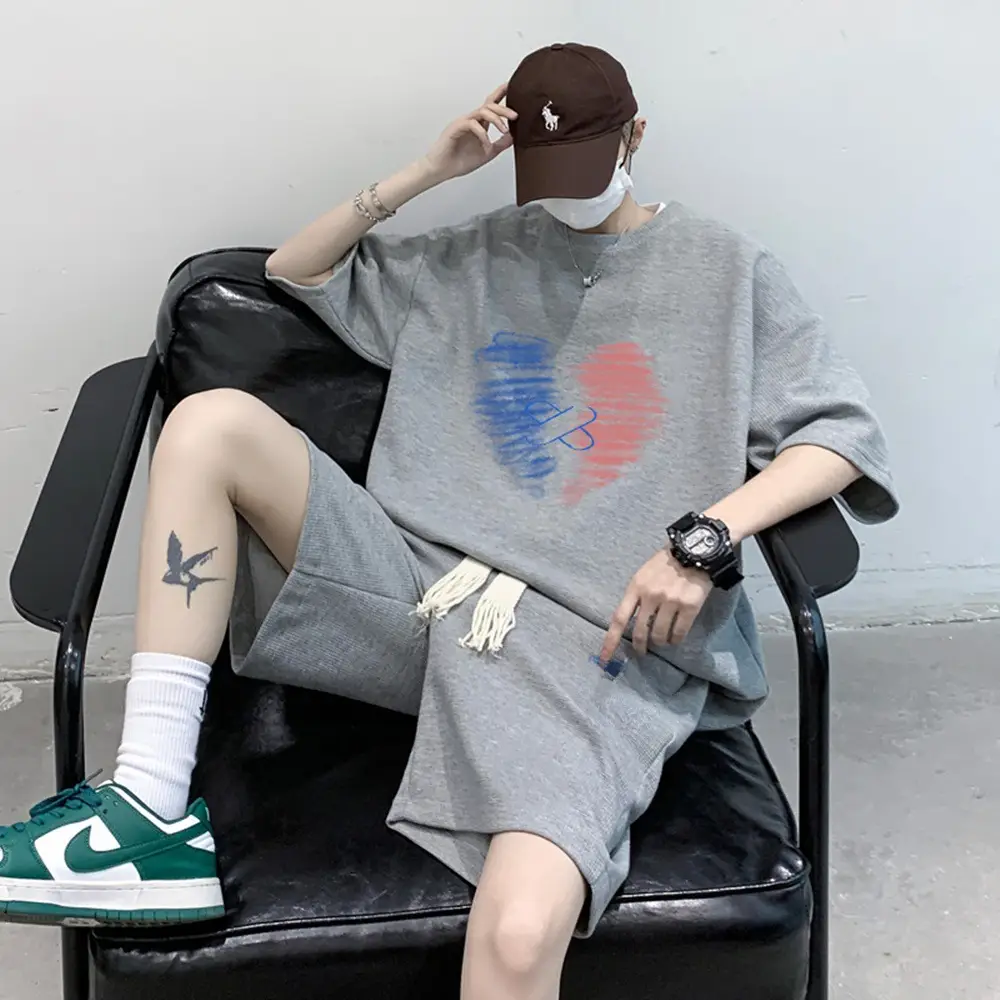 Men Oversize Black Heart Print Shorts Set