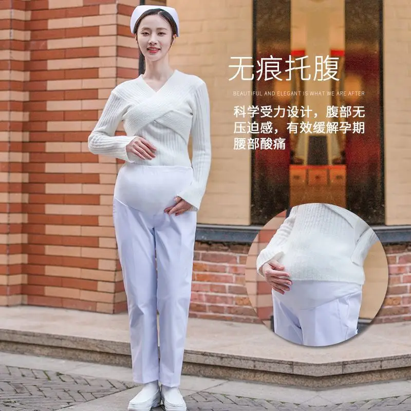 Nurse Pregnancy Pants White Pink Elastic Waist Large