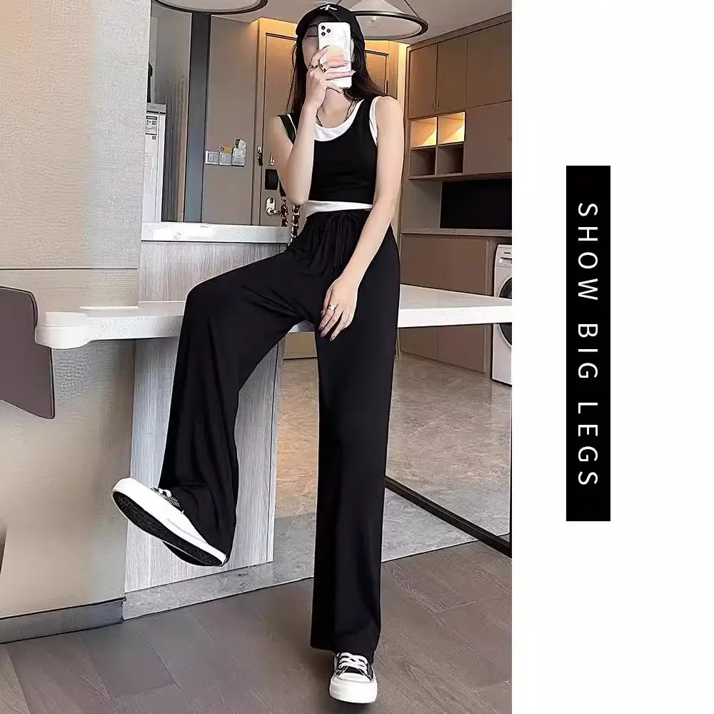 Women's Light Pink Wide Leg Pants Summer Casual High Waist