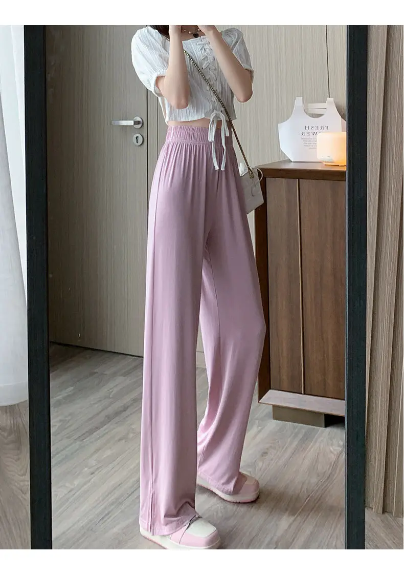 Women's Light Pink Wide Leg Pants Summer Casual High Waist