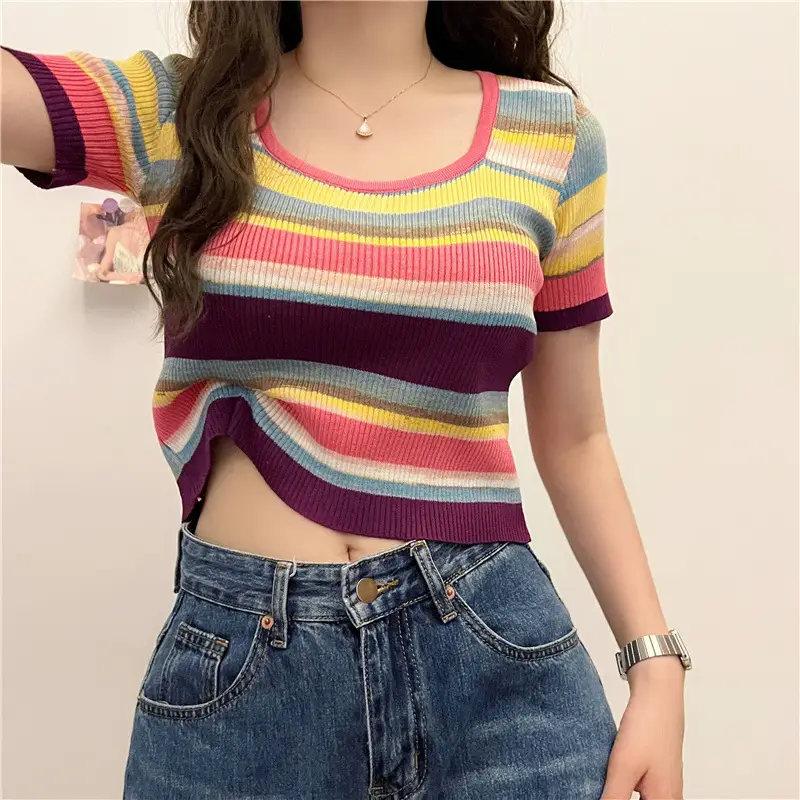 Women Striped Ice Silk T-Shirt Summer New - Image 6