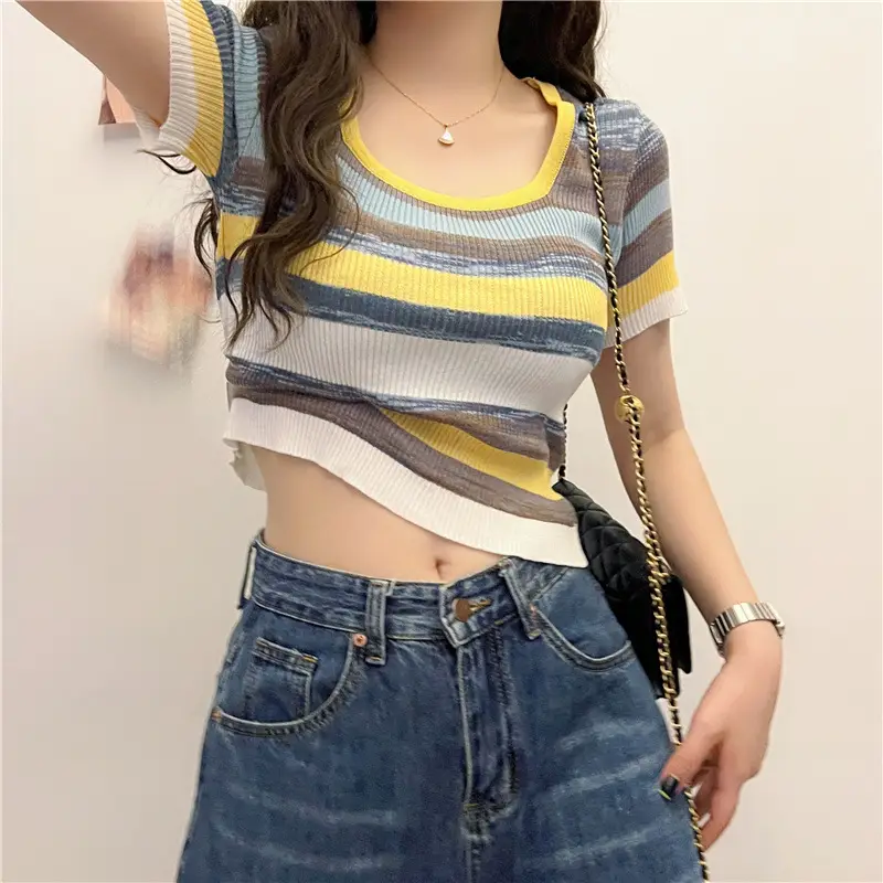 Women Striped Ice Silk T-Shirt Summer New - Image 8