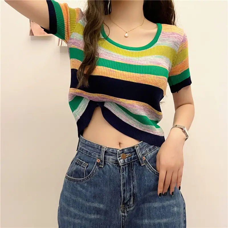 Women Striped Ice Silk T-Shirt Summer New - Image 9