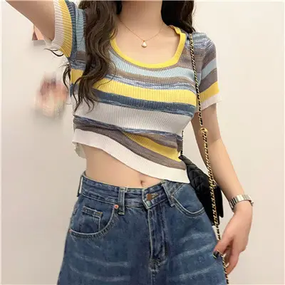 Women Striped Ice Silk T-Shirt Summer New - Image 2