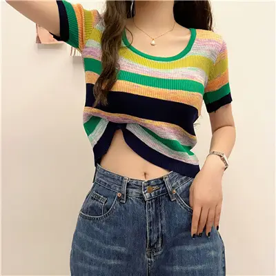 Women Striped Ice Silk T-Shirt Summer New - Image 3