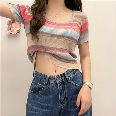 Women Striped Ice Silk T-Shirt Summer New - Image 4