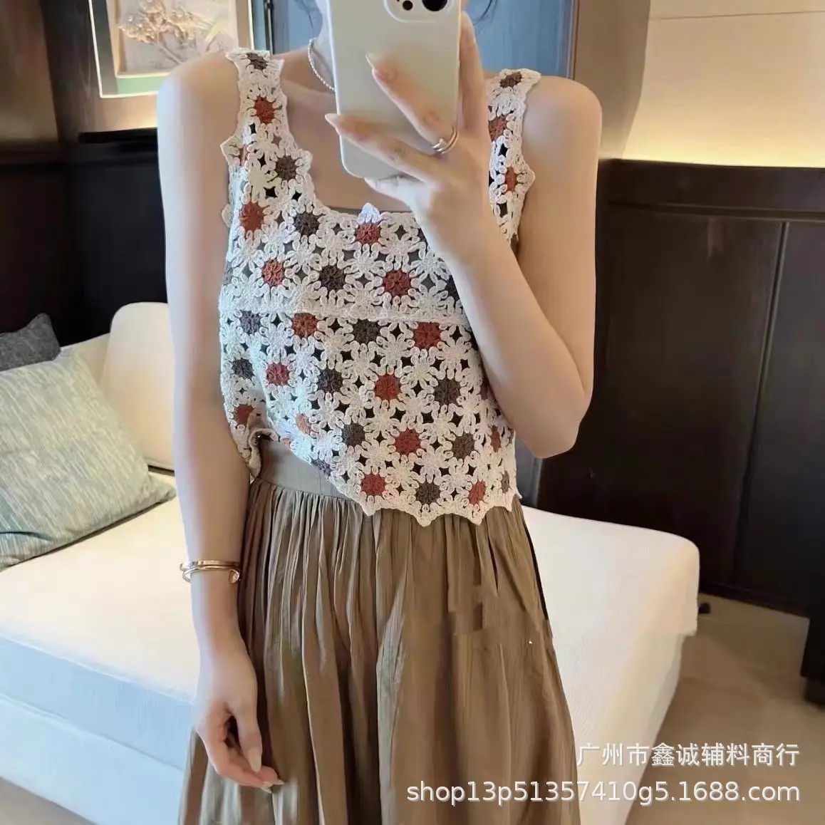 Women's Embroidered Knitted Vest with Hollow Blouse Design