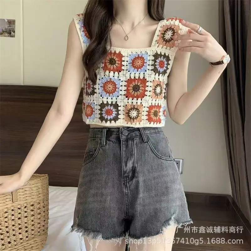 Women's Embroidered Knitted Vest with Hollow Blouse Design