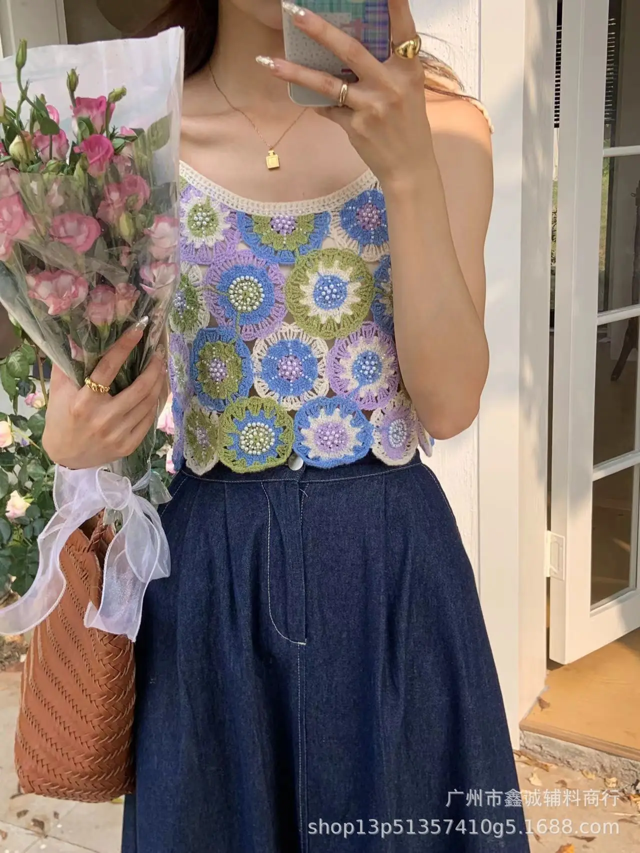 Women's Embroidered Knitted Vest with Hollow Blouse Design