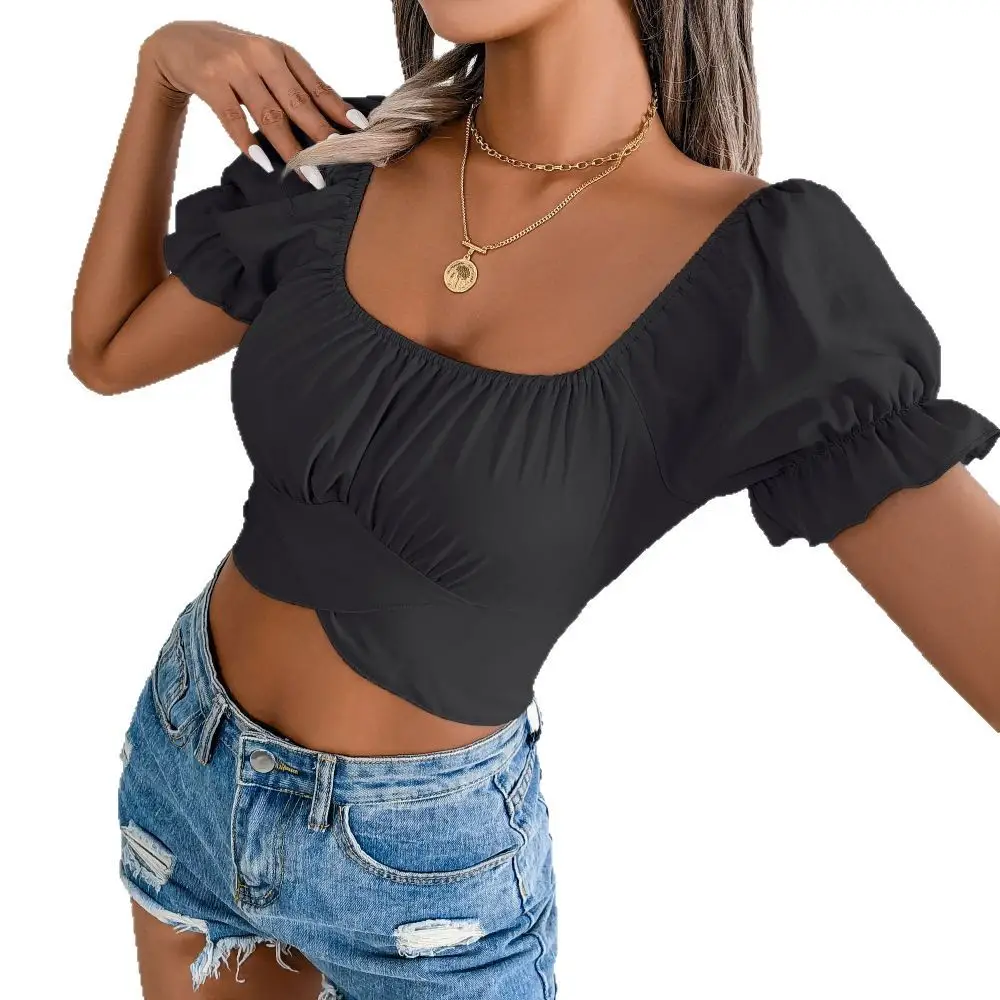 Black Chiffon Crop Top with Lace-Up Waist & Short Sleeves - Image 11