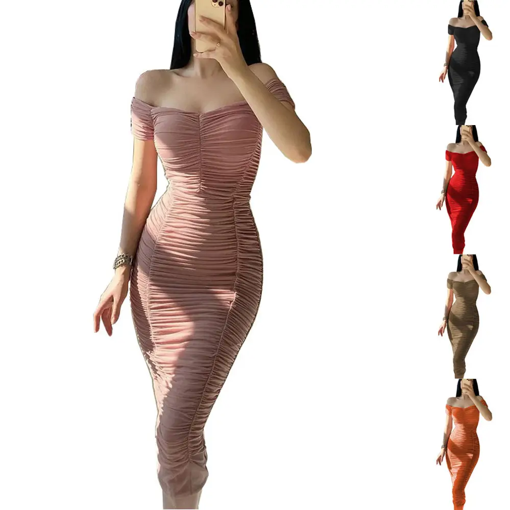 Elegant Off-Shoulder Pleated Long Dress for Women
