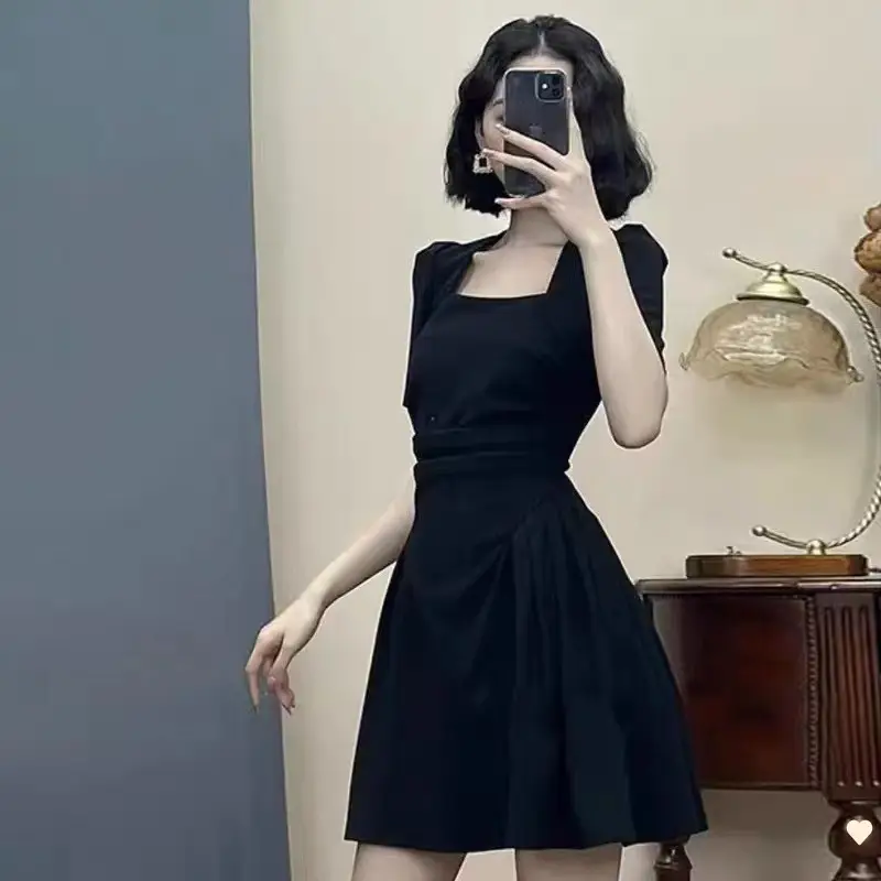 Black Square Collar Pleated Skirt Dress for Women - Image 4