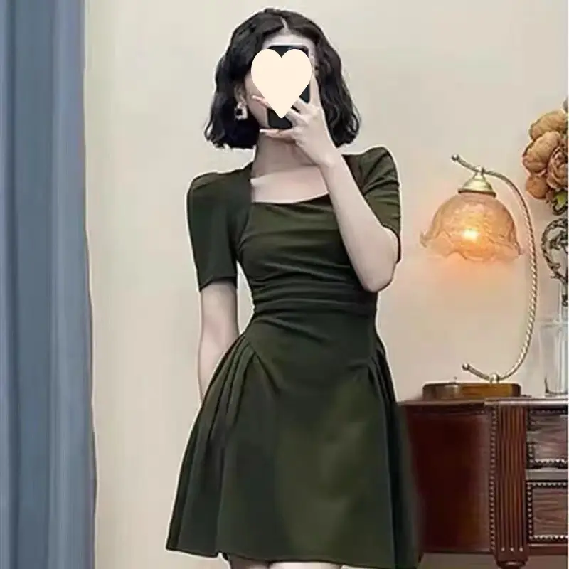 Black Square Collar Pleated Skirt Dress for Women - Image 5