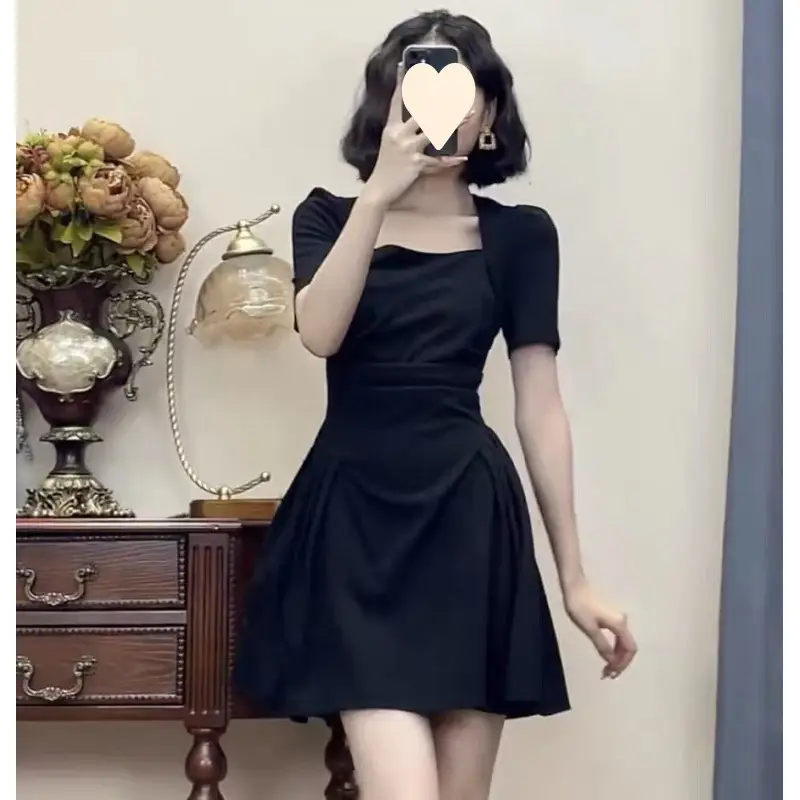 Black Square Collar Pleated Skirt Dress for Women - Image 6