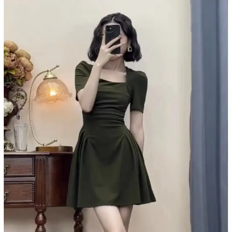 Black Square Collar Pleated Skirt Dress for Women - Image 7